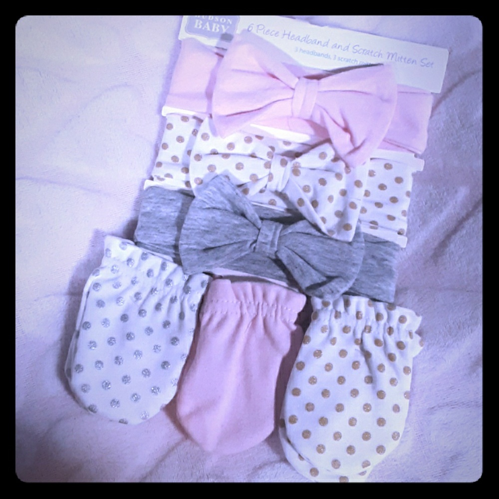 6 piece MATCHING BABY SET - HEADBAND && MITTENS